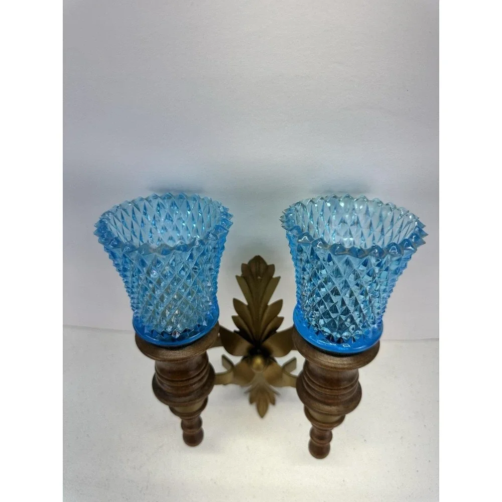Vintage HTF BLUE Glass Double Wall Candle Sconce Wood Gold Metal 1960s